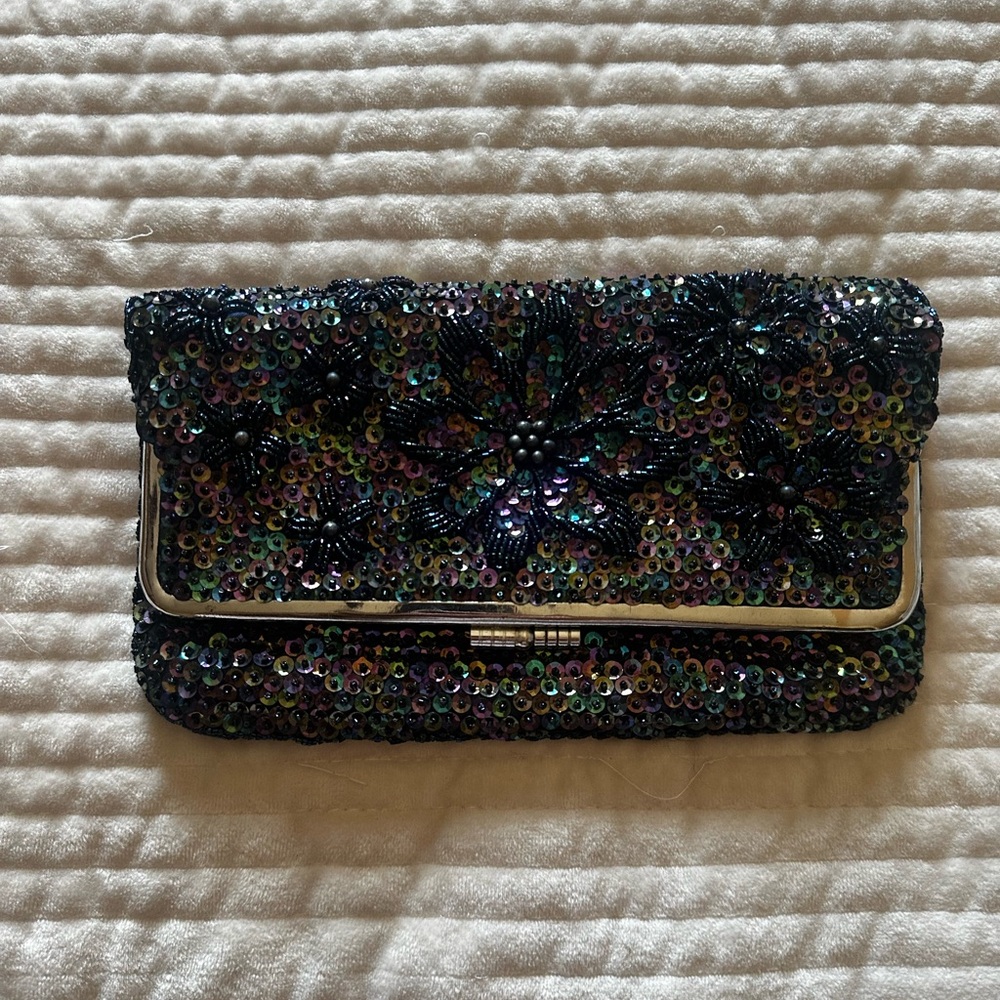 Vintage Beaded and Sequin Floral Multicolor Clutch Made in Hong Kong